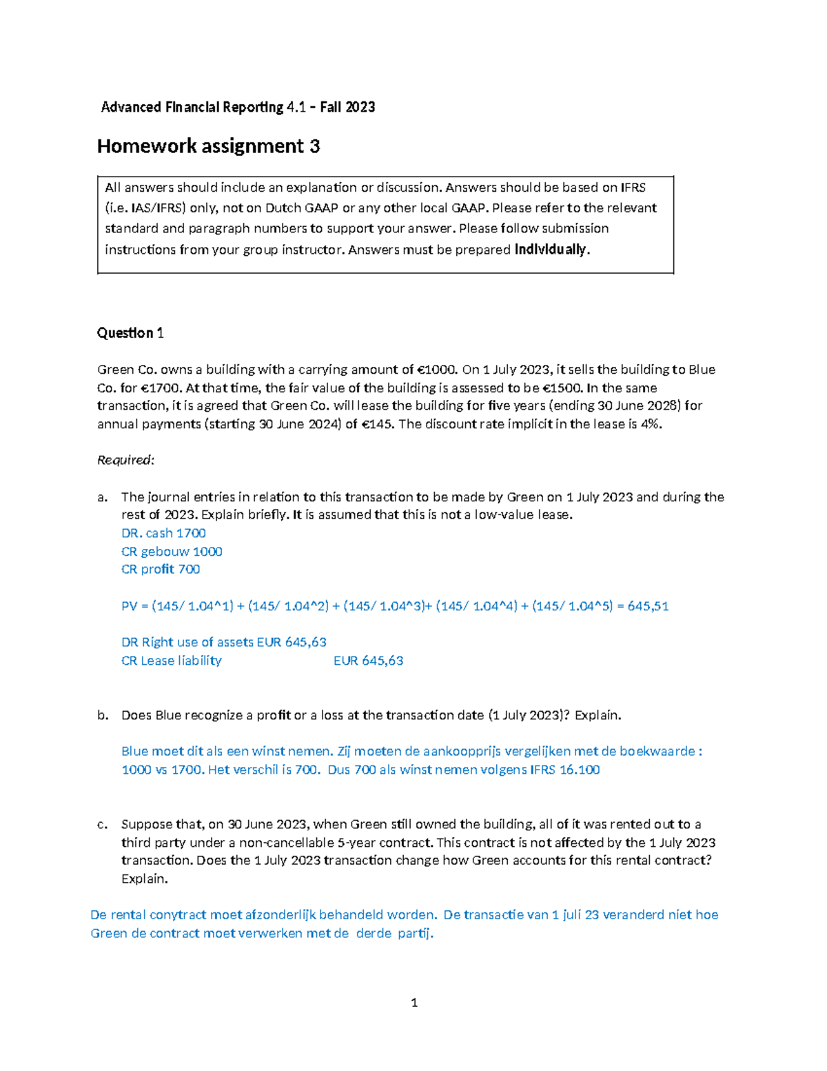 AFR 2023 - Advanced Financial Reporting Homework Assignment 3 - Studeersnel