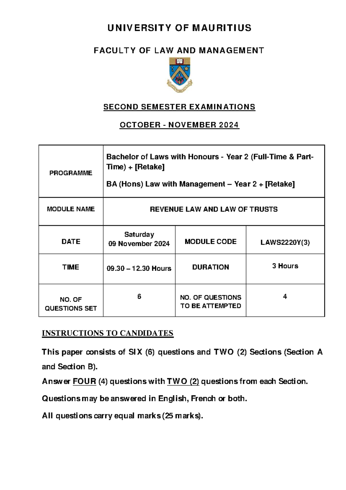 LAWS2220Y 2024 Final Exam: Revenue Law & Law of Trusts - Studocu