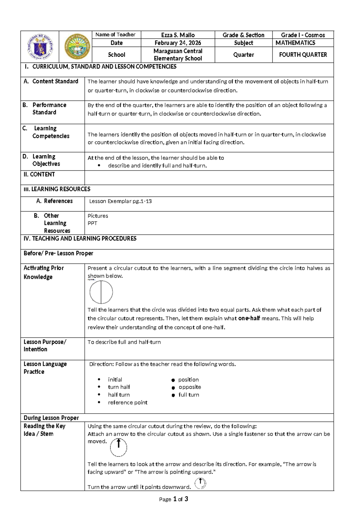 DLP Math 5 (D2) - Lesson Plan on Object Movement and Direction - Studocu