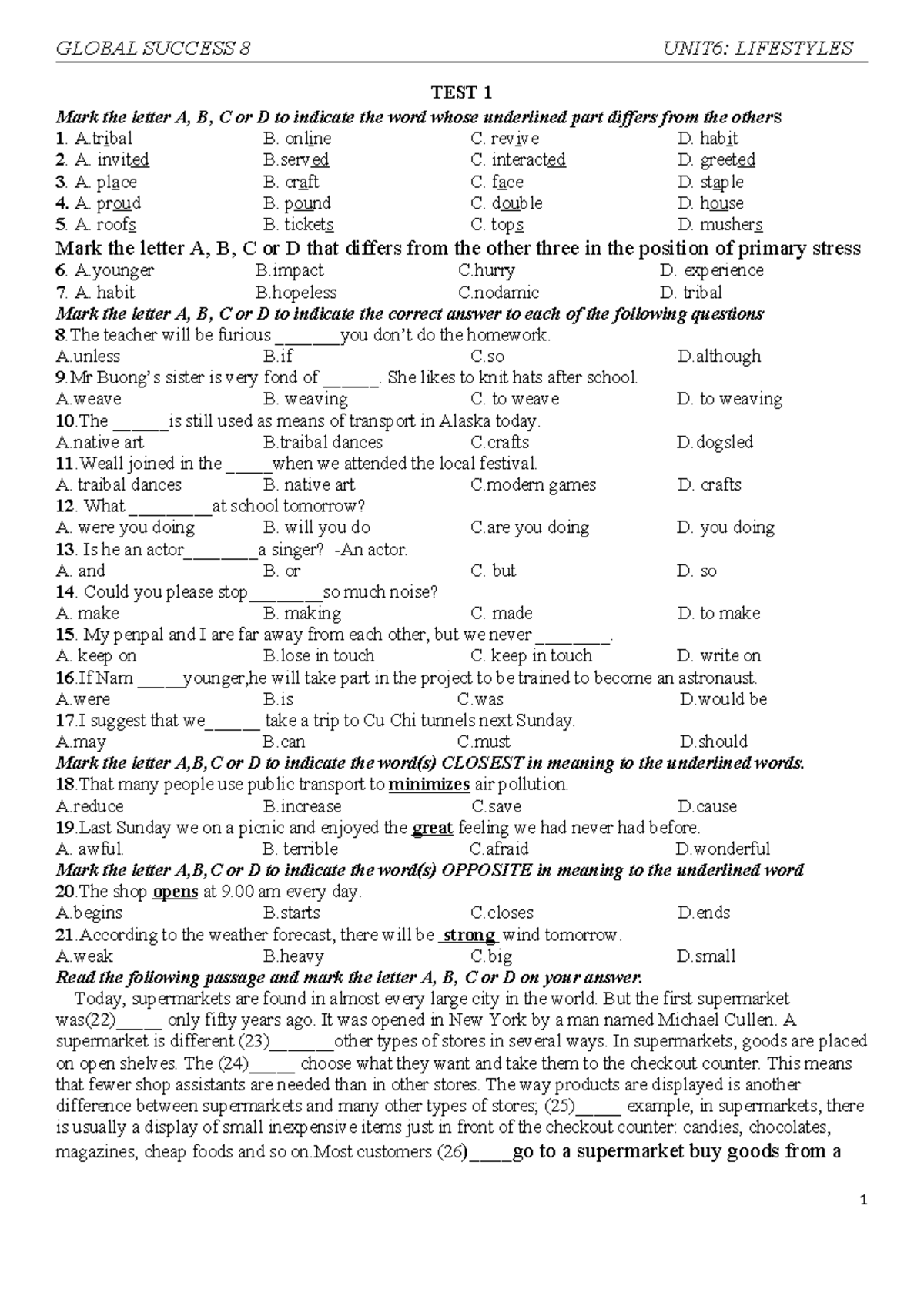 GLOBAL SUCCESS 8 UNIT 6: LIFESTYLES PRACTICE TEST - Studocu