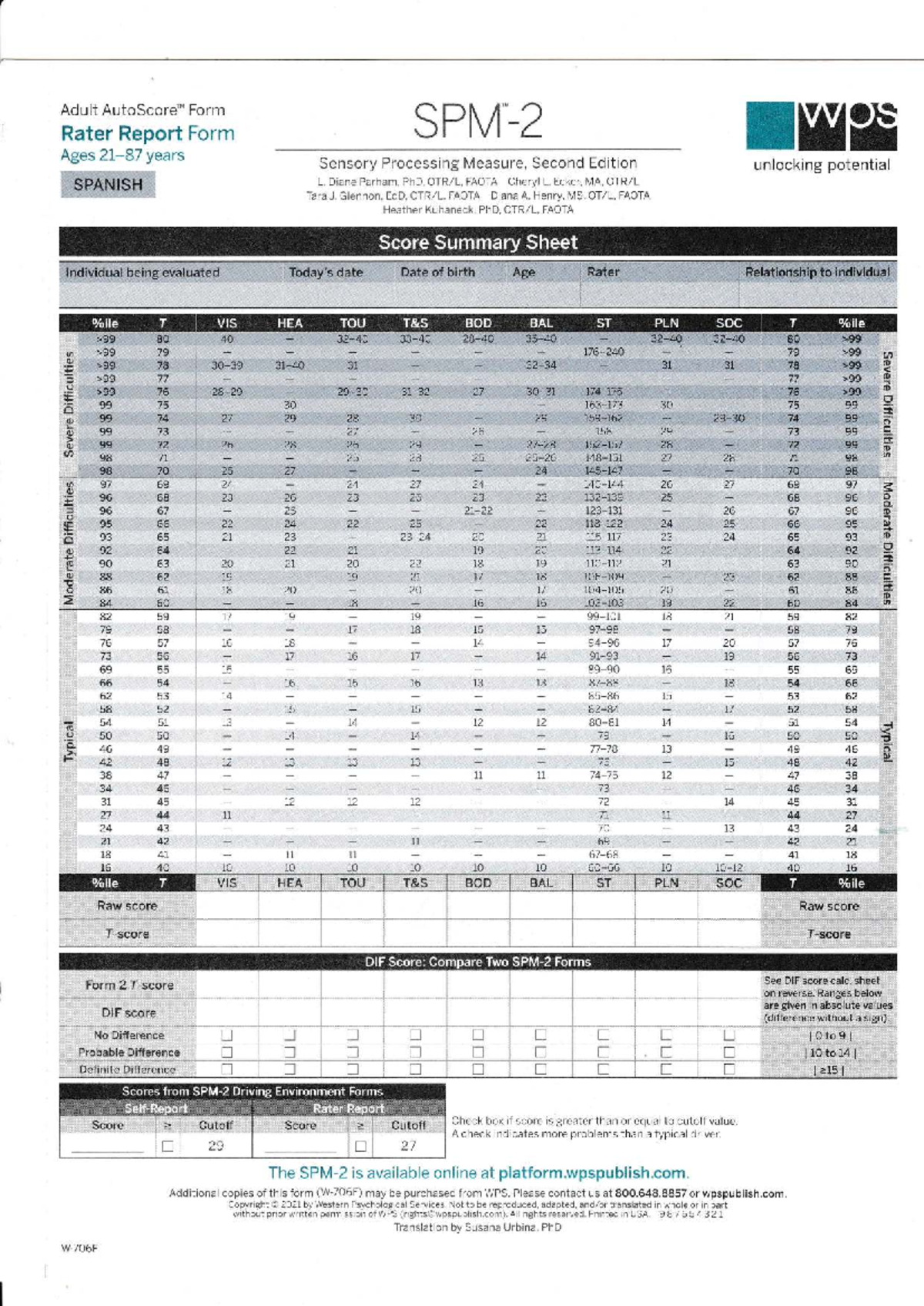 Adult Form Rater Report: Sensory Processing Measure (2nd Ed ...