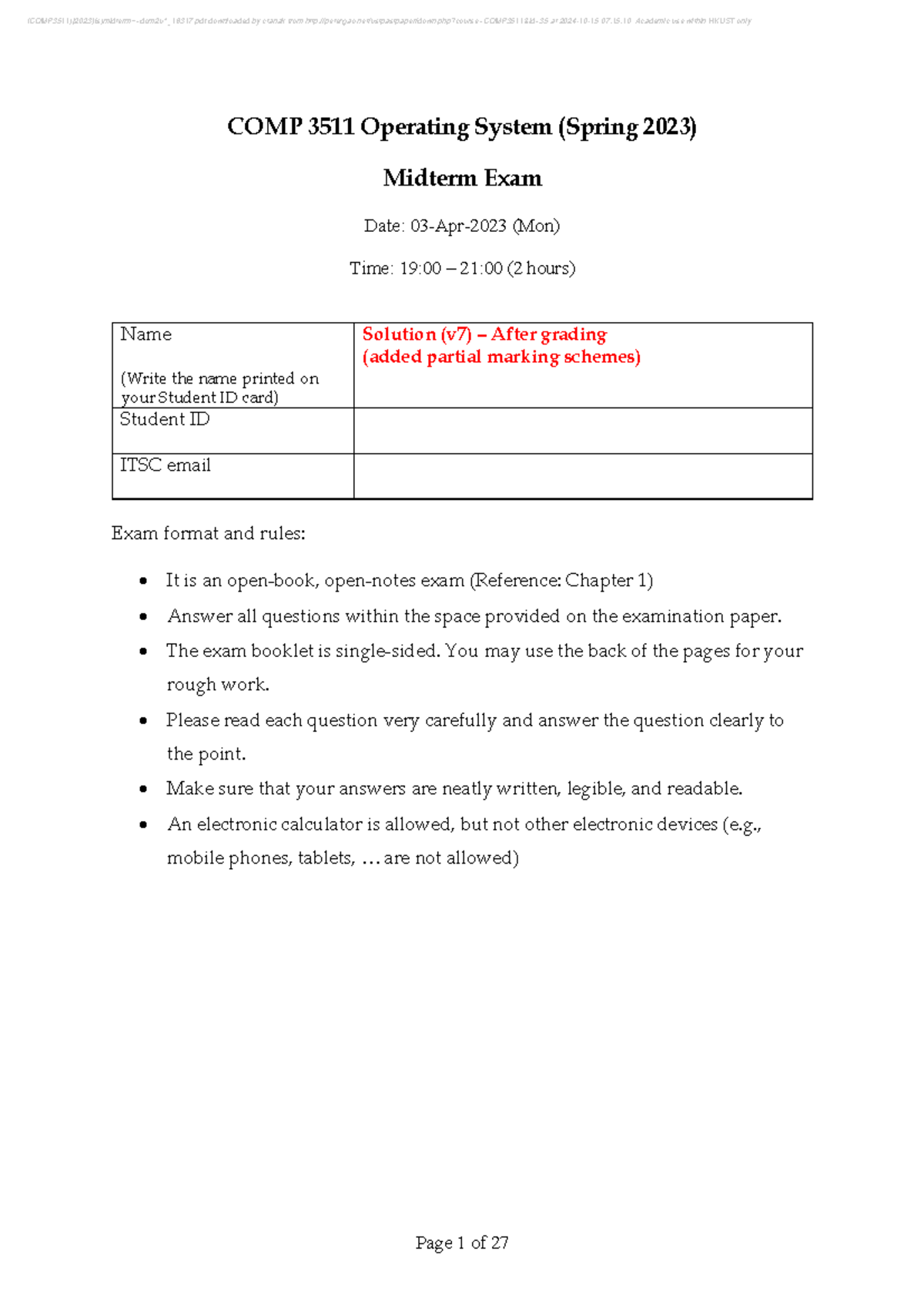 COMP3511 Operating Systems Spring 2023 Midterm Exam Solutions - Studocu