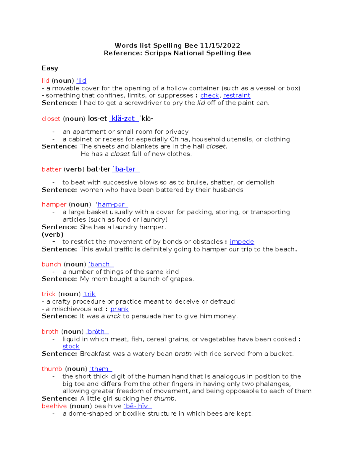 Words List for Spelling Bee (11/15/22) - Level Easy to Difficult - Studocu