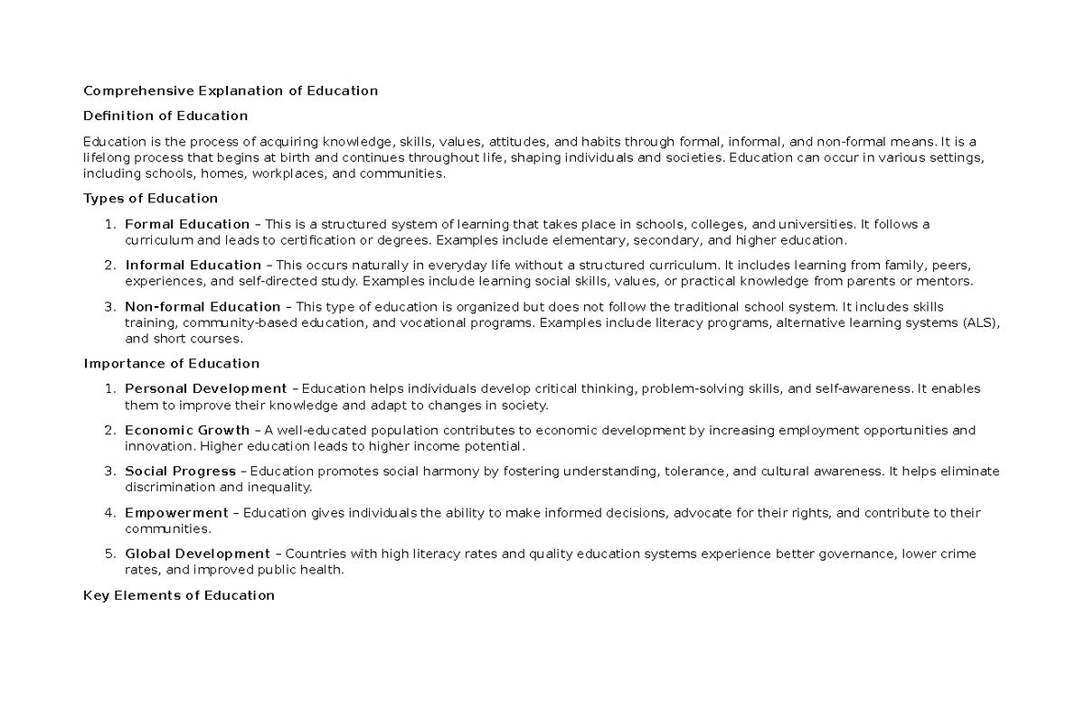 Comprehensive Overview of Education: Definitions and Types - Studocu