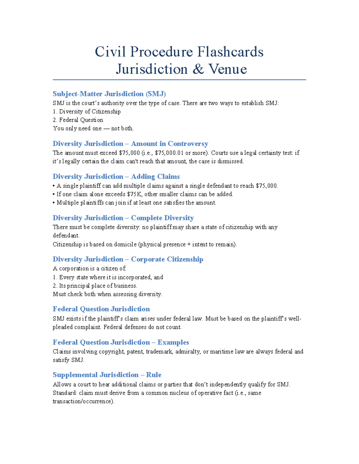 Civil Procedure Flashcards on Jurisdiction and Venue Concepts - Civil ...