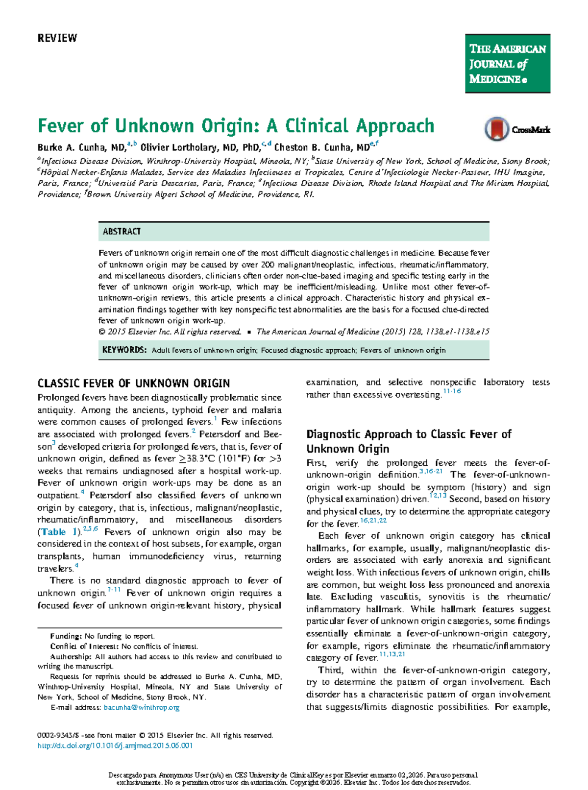 REVIEW: Clinical Approach to Fever of Unknown Origin (FUO) - Studocu