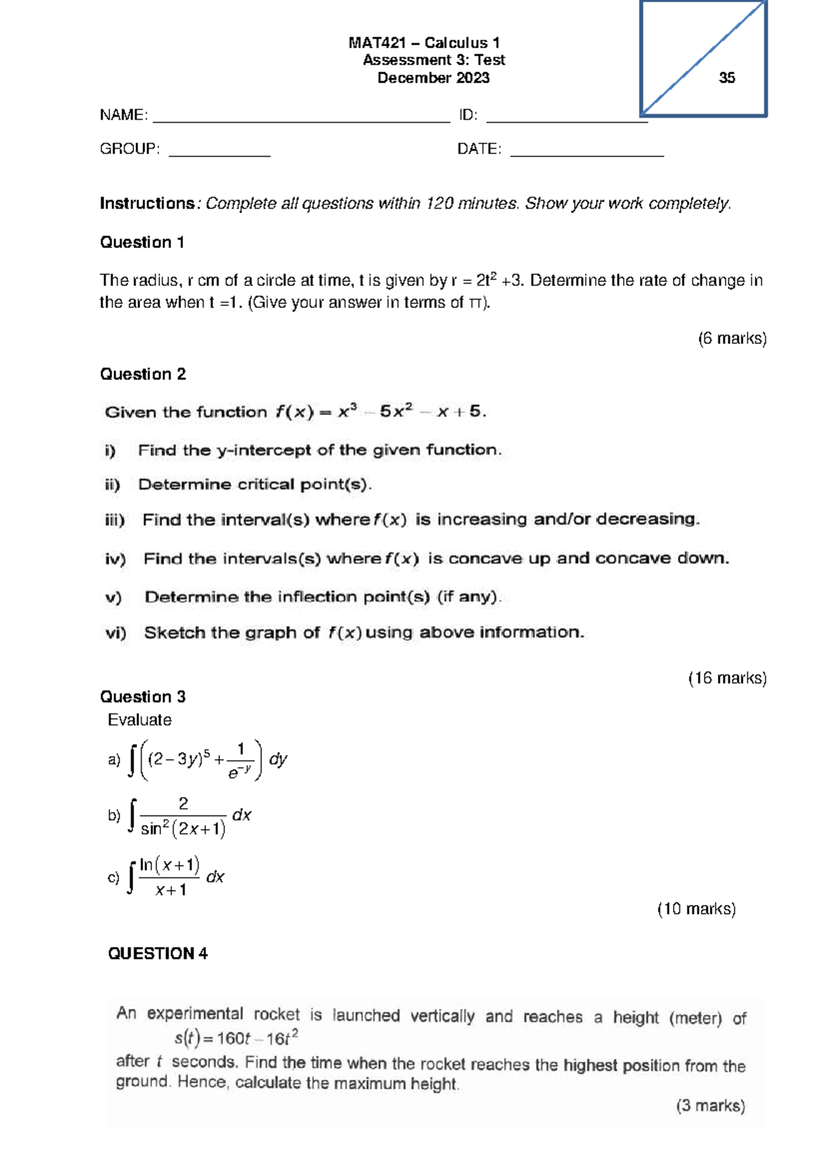 Assessment 3 TEST MAT421(DEC2023) ( Example) - MAT 421 – Calculus 1 ...