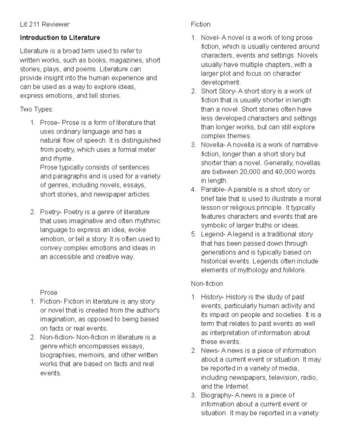 Lit 211 Final Exam Reviewer: Fiction & Poetry Overview - Studocu