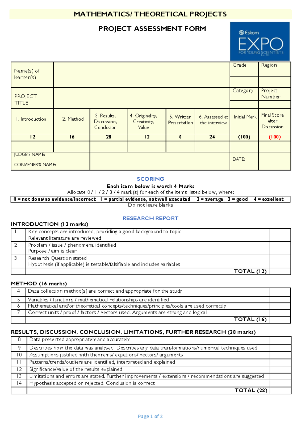 Mathematics Project Assessment Form: Evaluation Criteria & Scoring ...