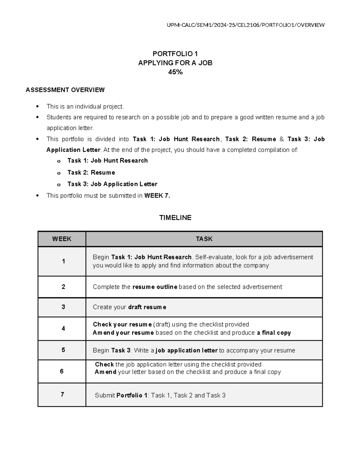 CEL2106 Portfolio 1: Job Application Assessment Overview - Studocu