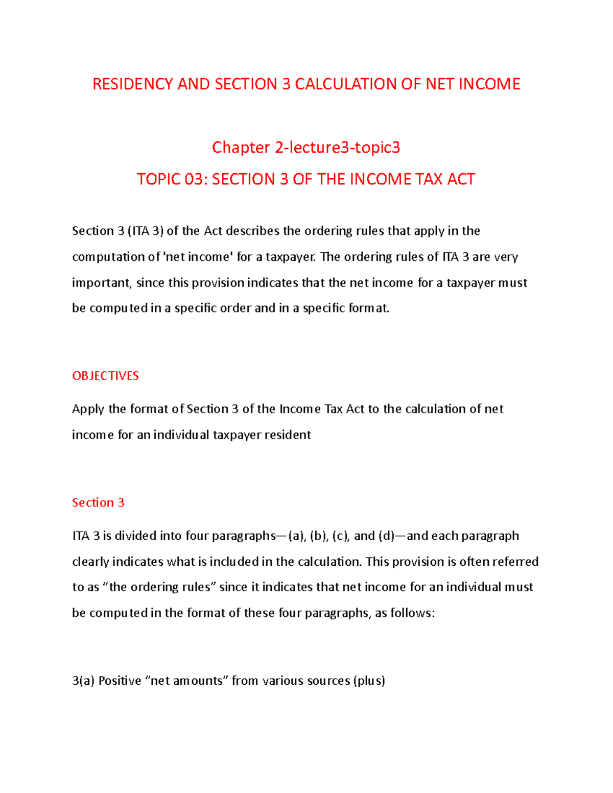 Taxation 1: Chapter 2 - Lecture 3 - Topic 3: Residency & Net Income ...