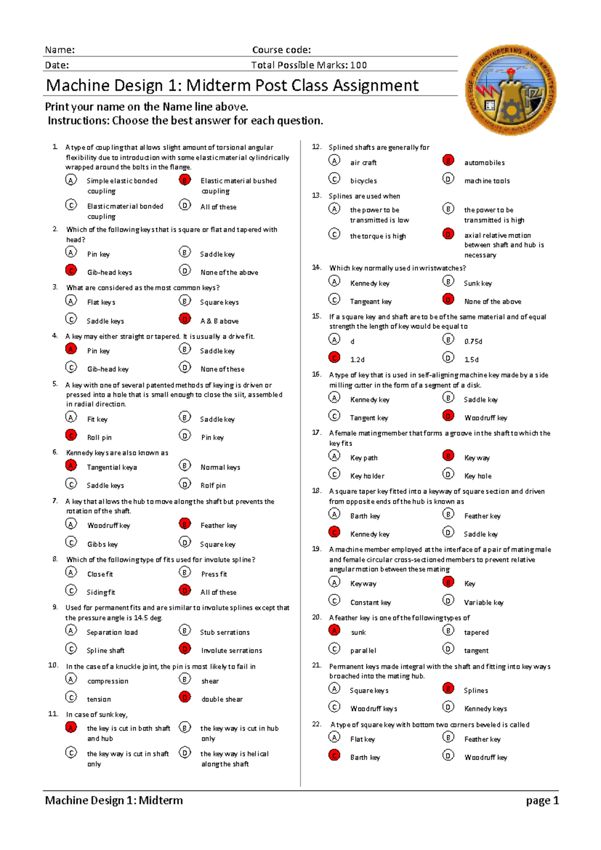 Machine Design 1: Midterm Post Activities Key and Answers - Studocu