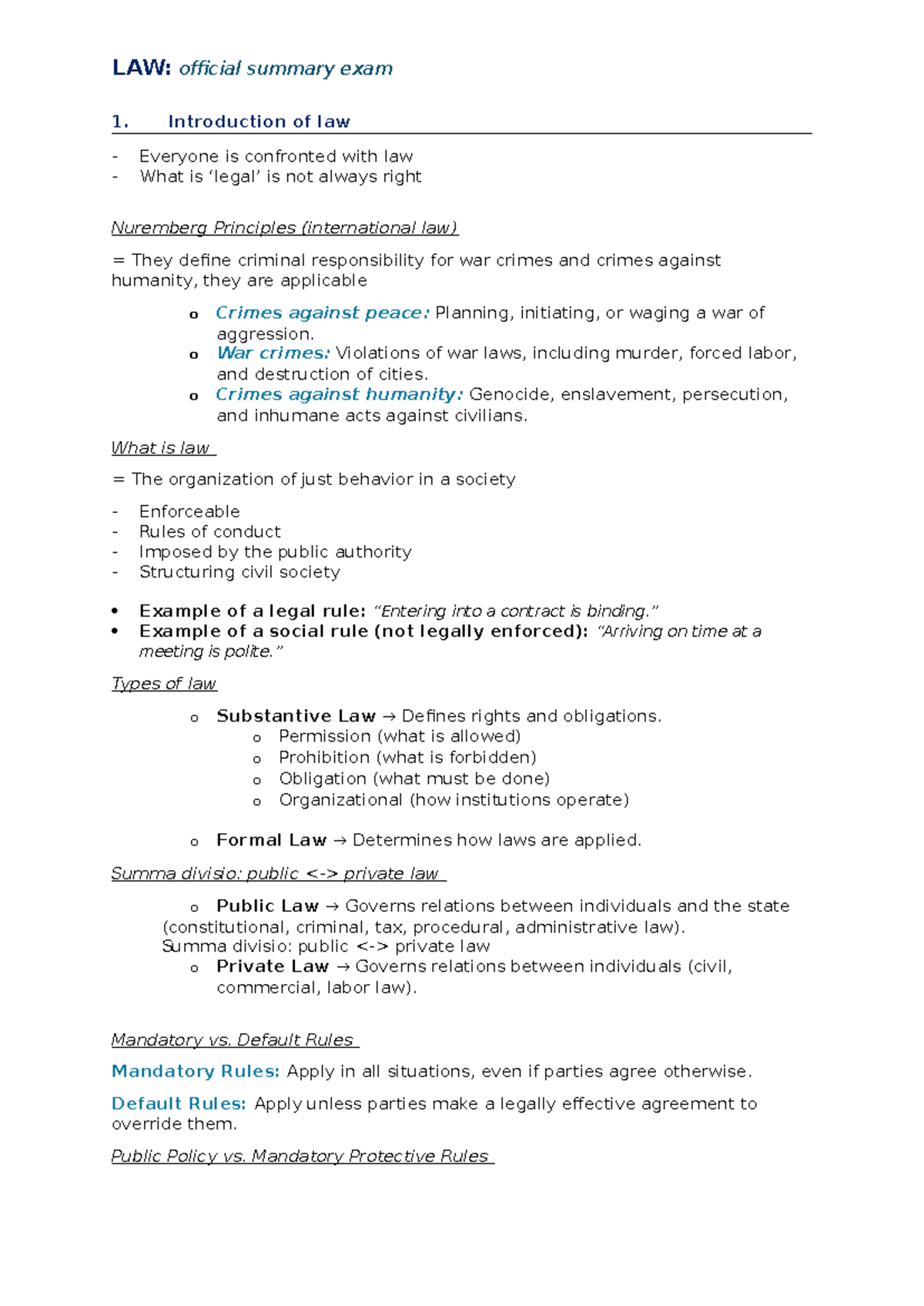 LAW: Official Summary for Exam 1 - Introduction to Law Concepts - Studocu
