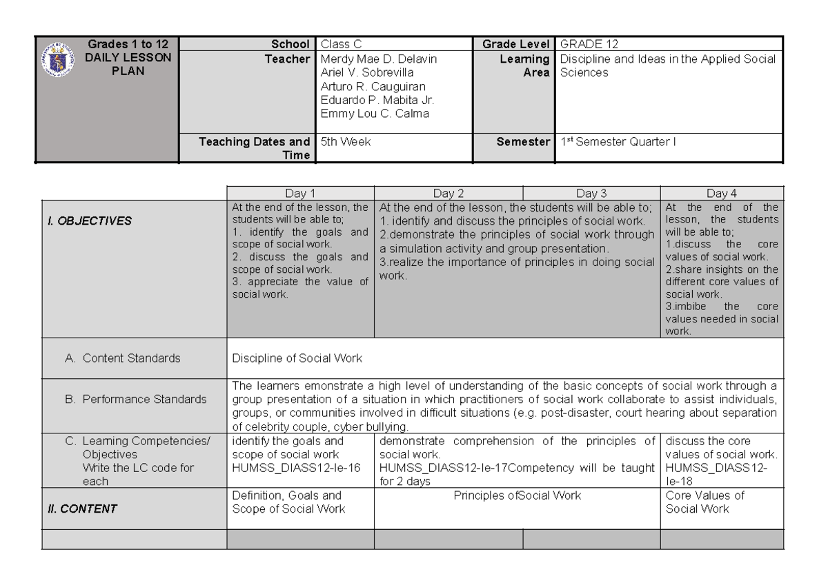 HUMSS_DIASS12: Daily Lesson Plan on Social Work Principles and Values ...