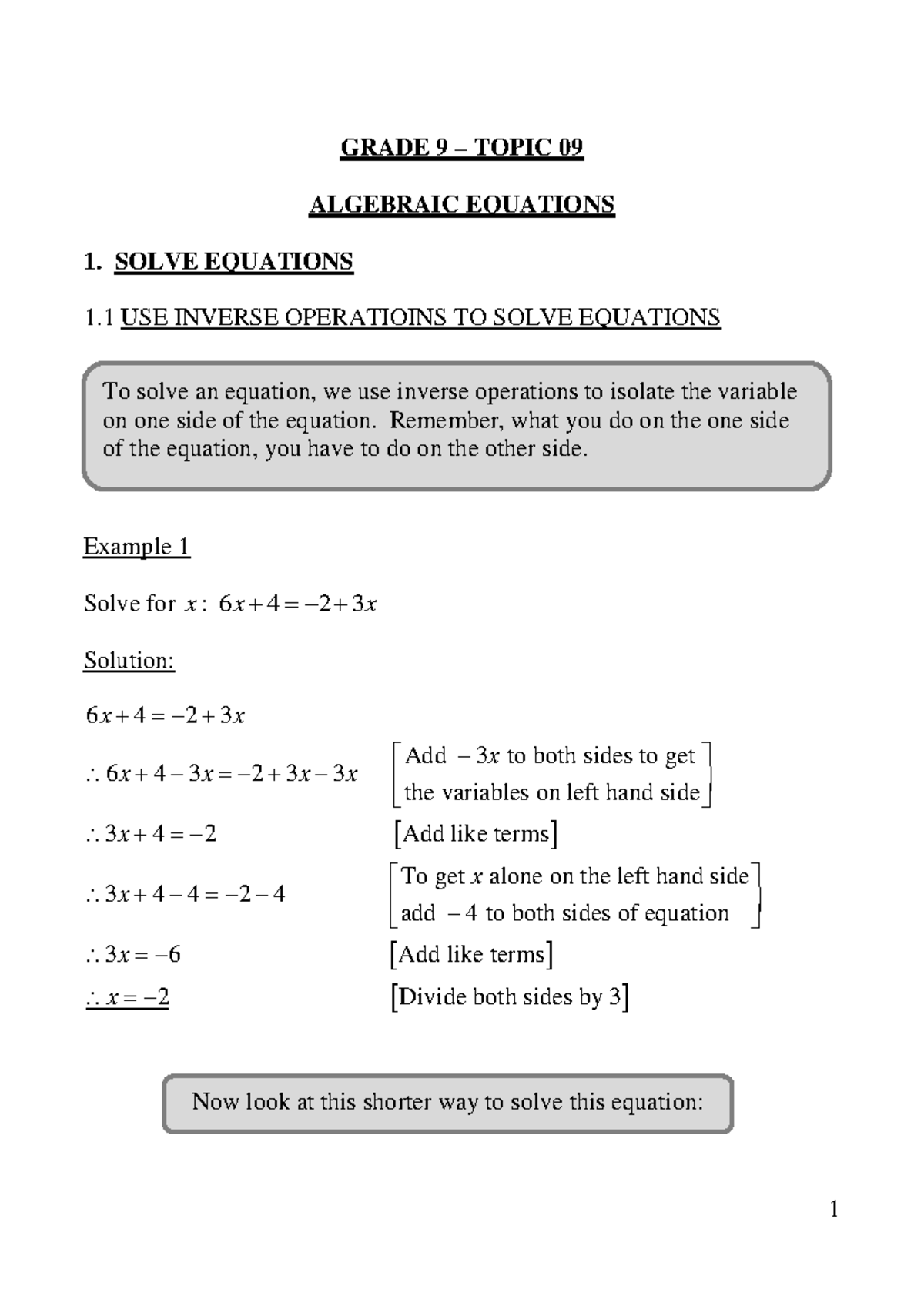 AEE23 GRADE 9 ALGEBRAIC EQUATIONS: SOLVING METHODS & EXAMPLES - Studocu