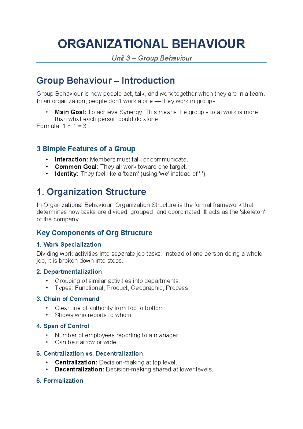 Organizational Behaviour (OB) Unit 3: Group Behaviour & Dynamics - Studocu