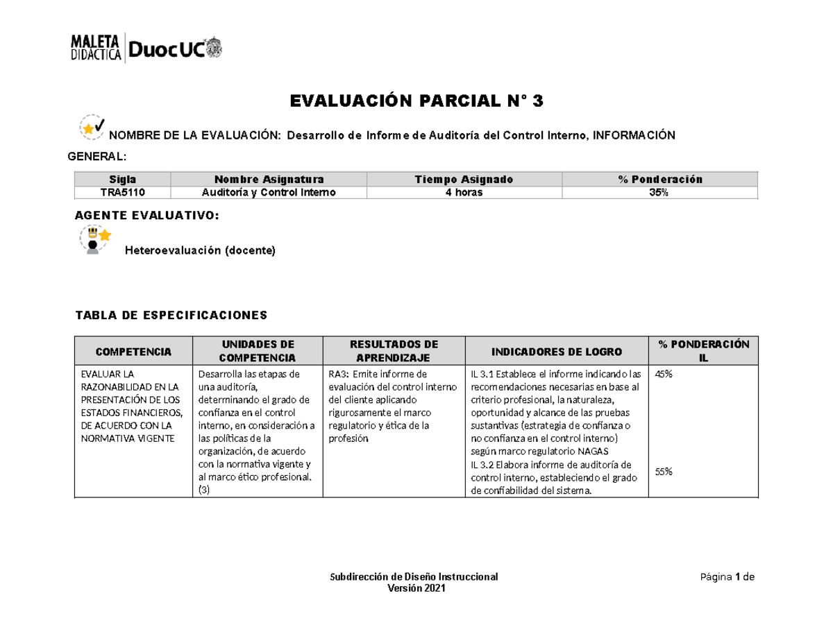 TRA5110 Evaluación Parcial 3: Informe de Auditoría de Control Interno ...
