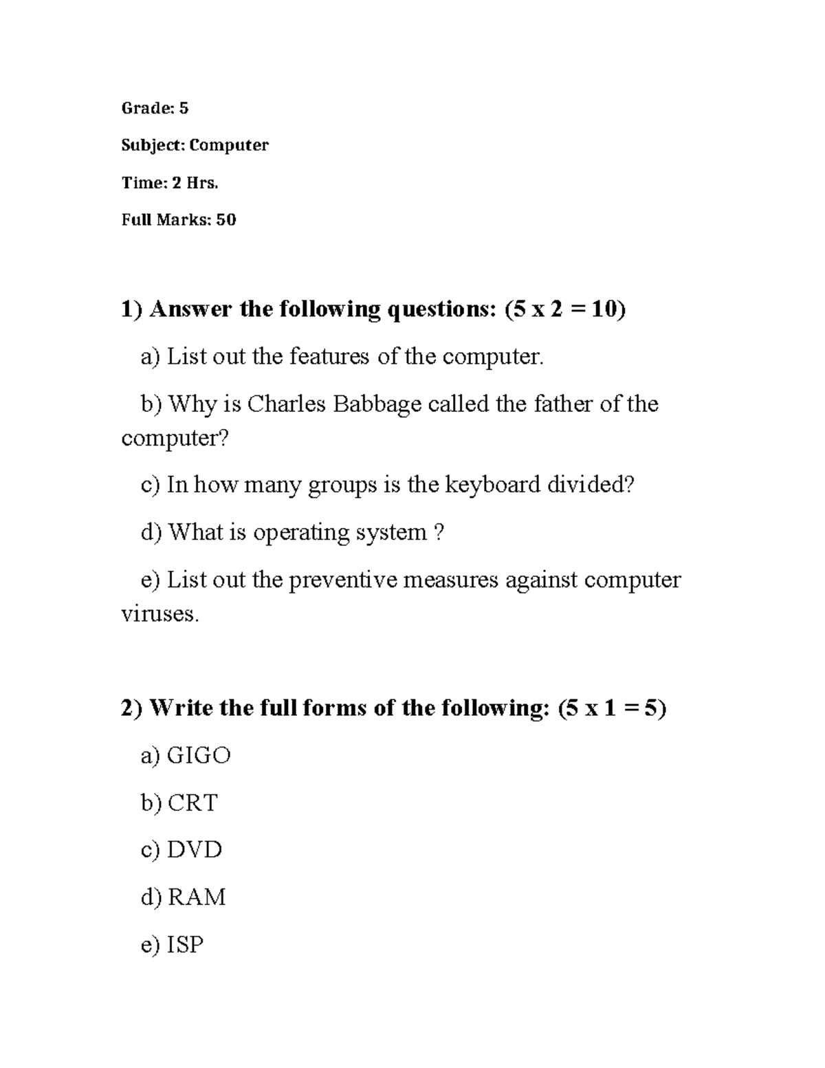 Grade 5 Computer Exam Questions & Answers - Studocu
