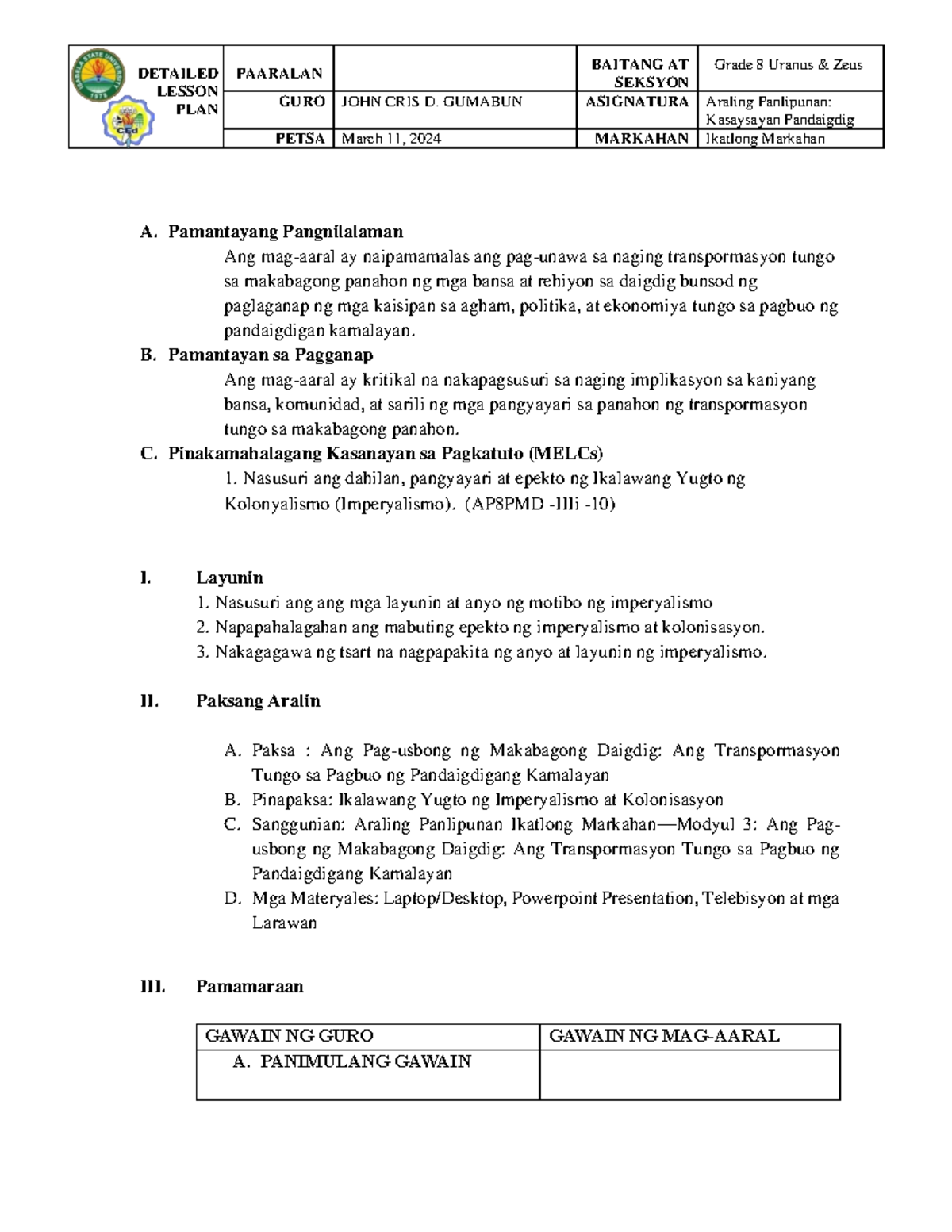 AP8-Q3 DLP-Ikalawang Yugto - A. Pamantayang Pangnilalaman Ang mag-aaral ...