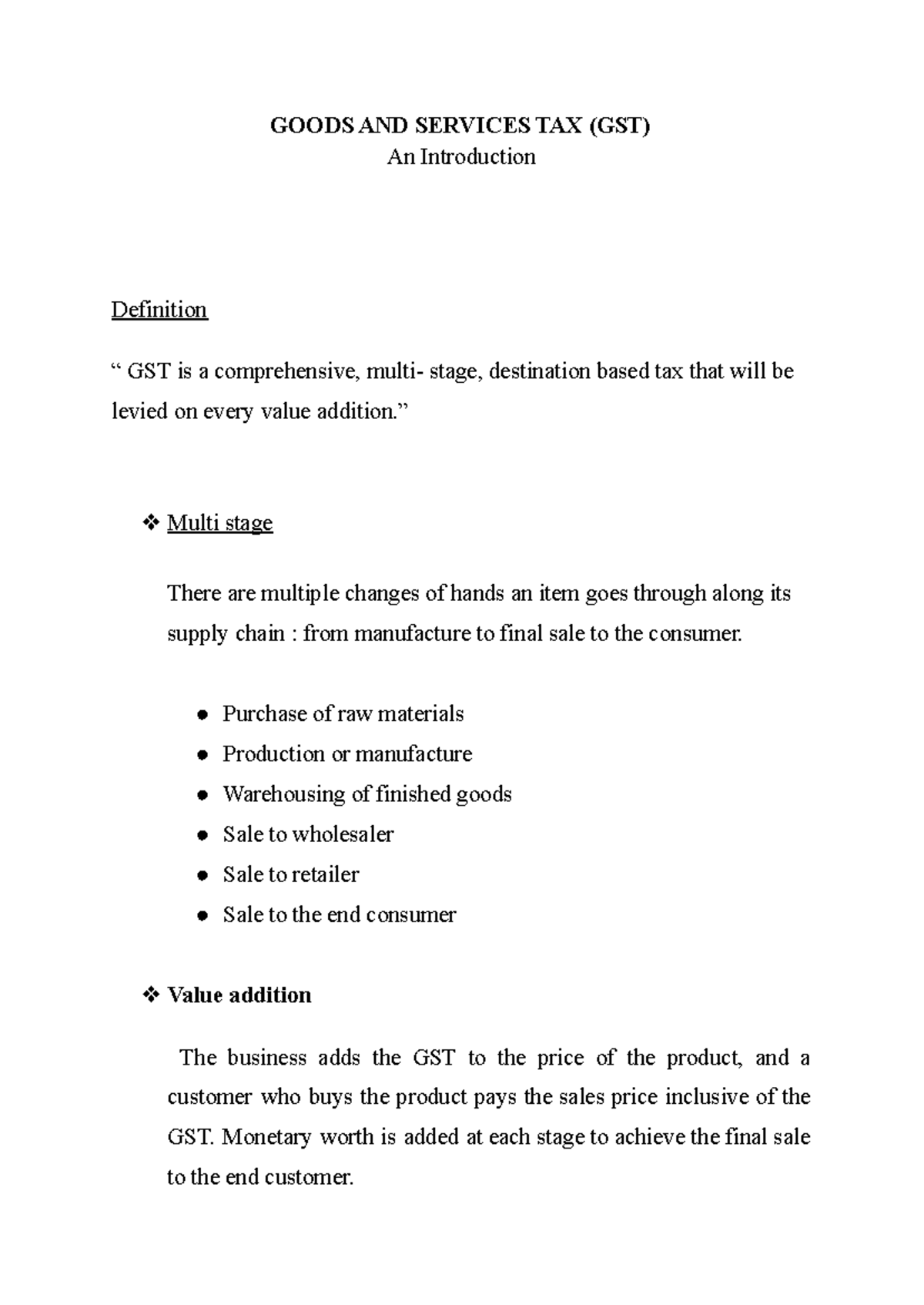 Introduction to Goods and Services Tax (GST) Overview - Studocu