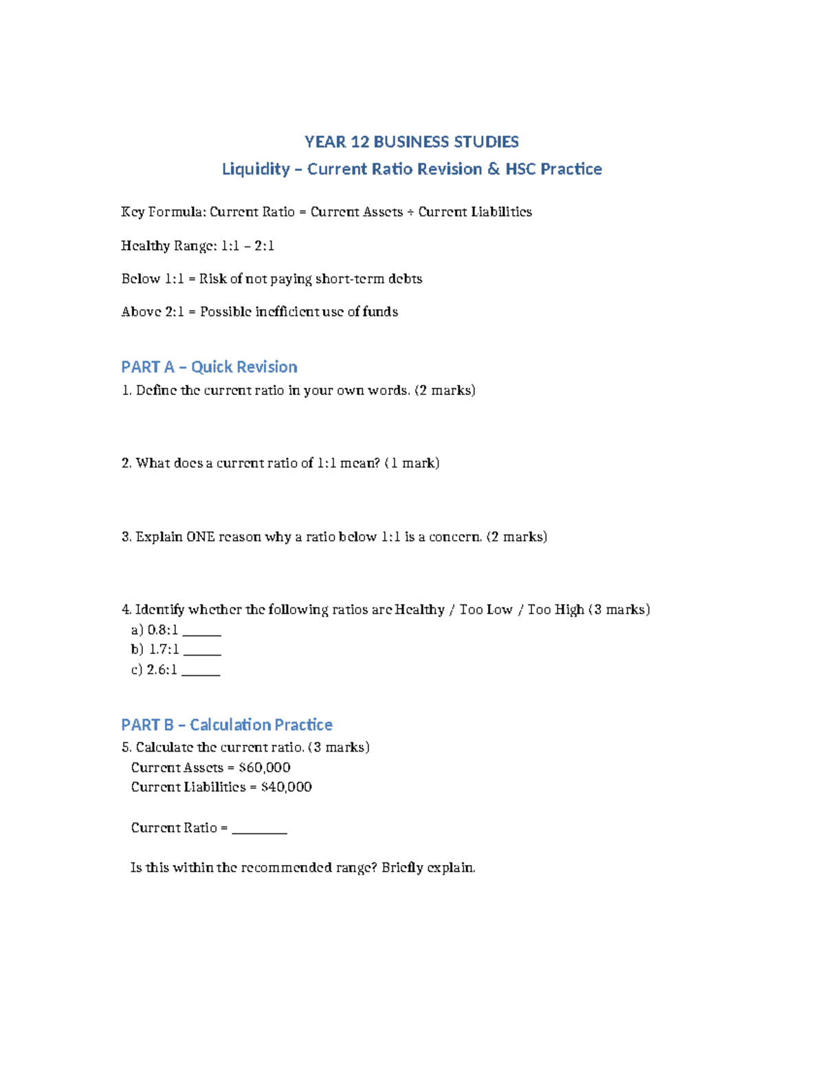 Year 12 Business Studies: Liquidity Current Ratio Revision Worksheet ...