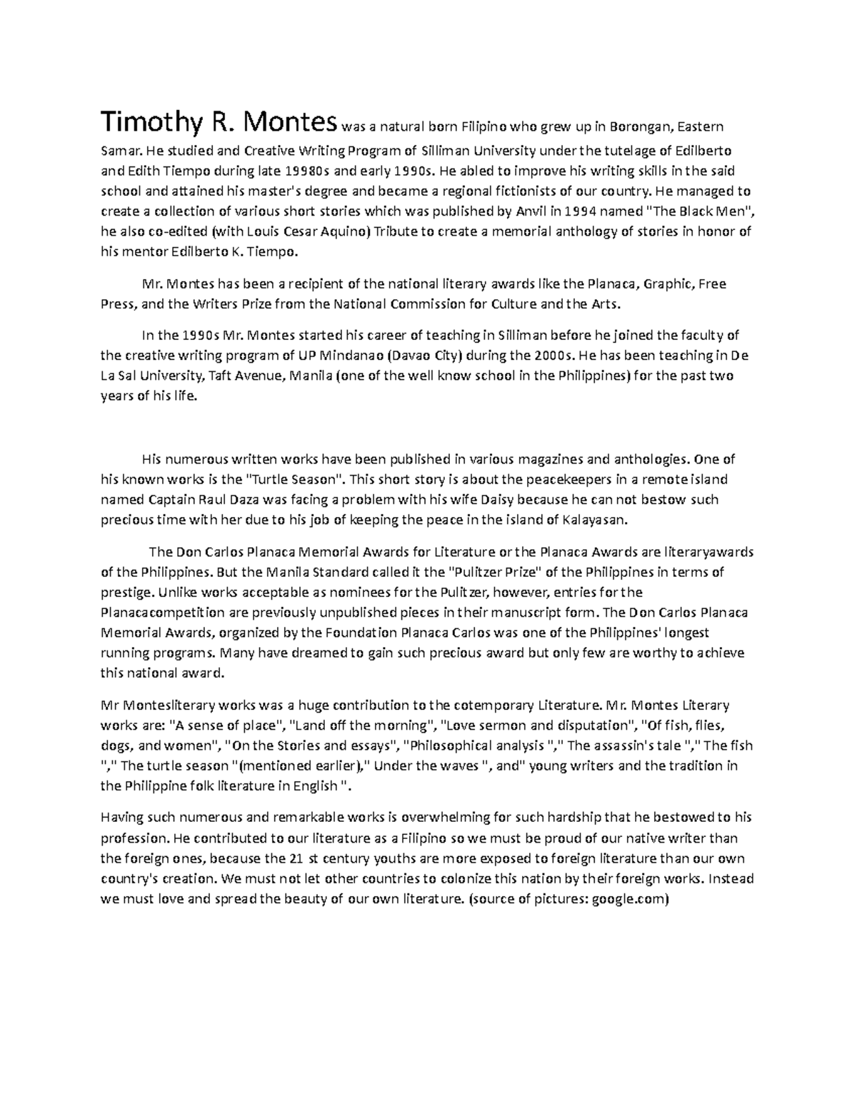 Timothy R. Montes: Contributions to Contemporary Philippine Literature ...