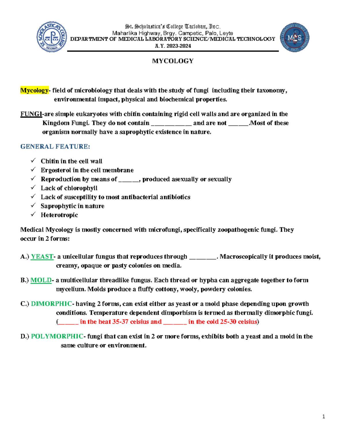 Mycology Study Guide - MEDLAB 101 - Fungi and Diagnostic Methods - Studocu