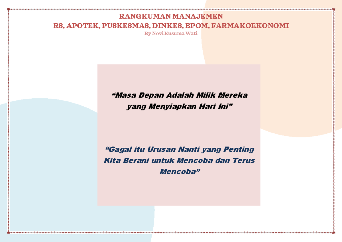 Rangkuman Manajemen Pelayanan Kefarmasian di RS, Apotek, Puskesmas - Document Preview