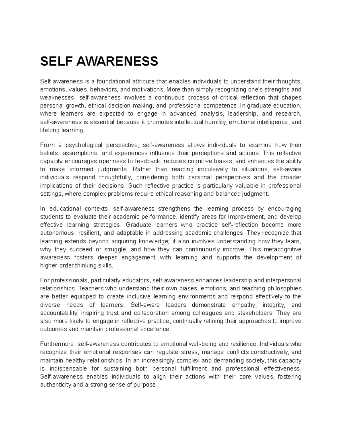 SELF Awareness - Essay 1001: Understanding Personal Growth and ...
