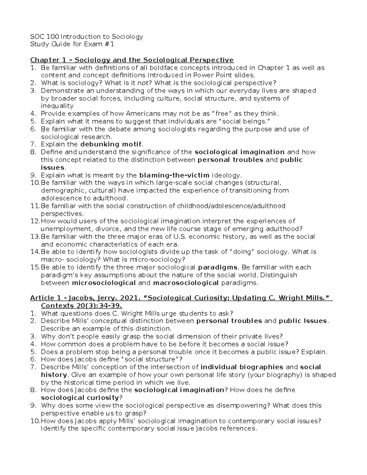 SOC 100 Study Guide for Exam #1: Key Concepts in Sociology - Studocu