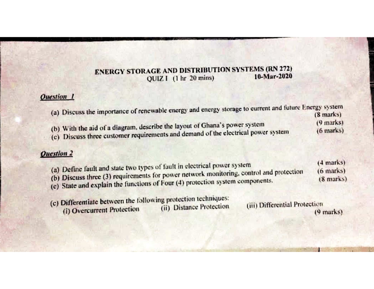 RN 272 ENERGY STORAGE & DISTRIBUTION SYSTEMS QUIZ I (2020) - Studocu