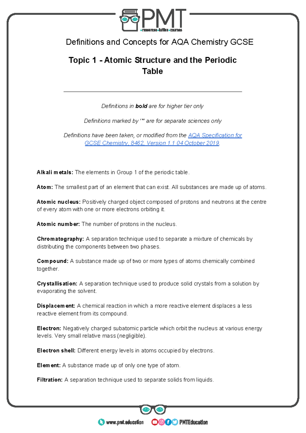 Definitions - Topic 1 Atomic Structure and the Periodic Table - AQA ...