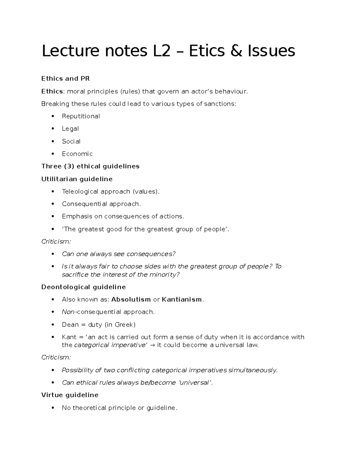 Lecture Notes L2: Ethical Issues in PR and Issue Management - Studeersnel