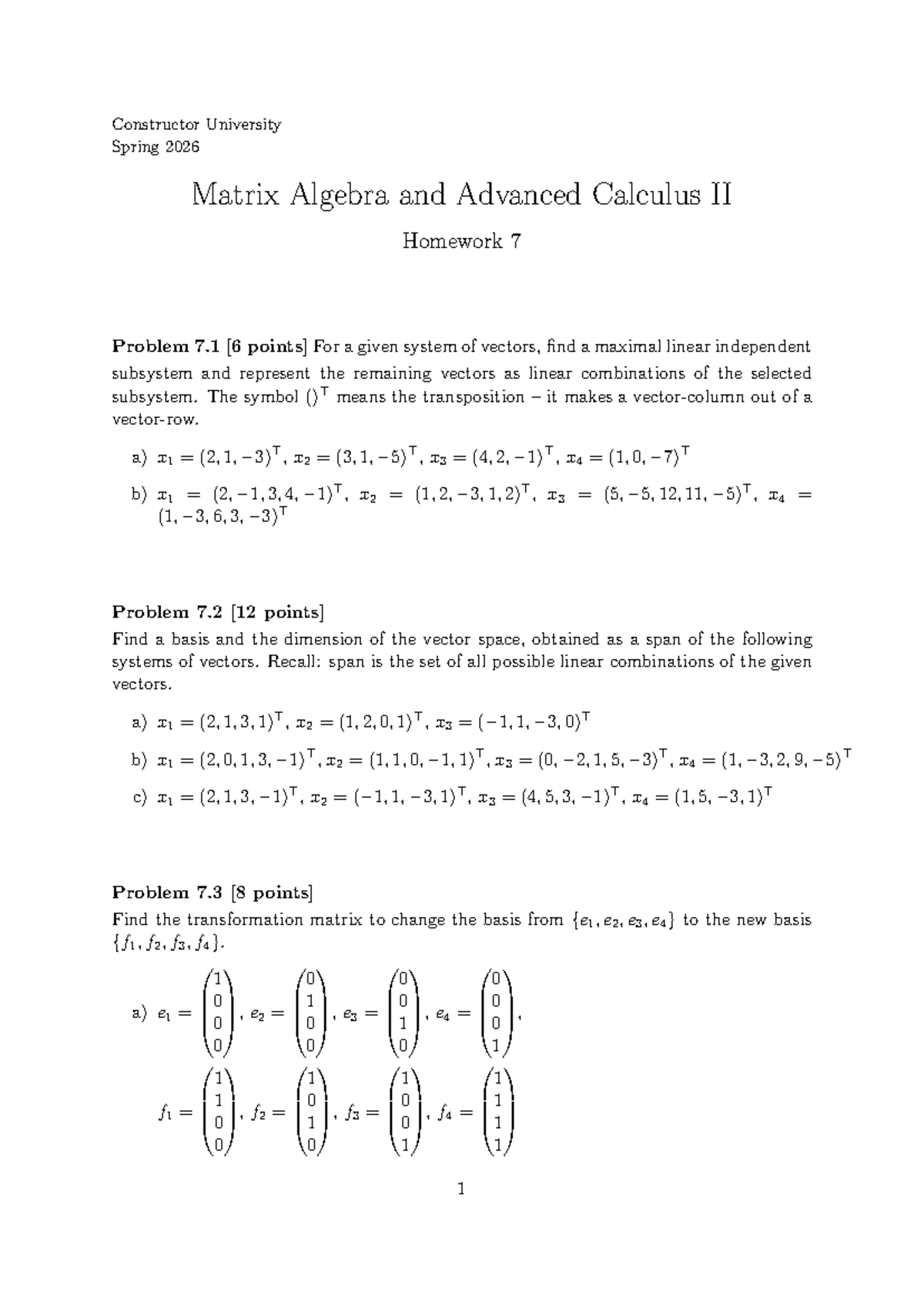 Constructor University Spring 2026 Matrix Algebra & Advanced Calculus ...