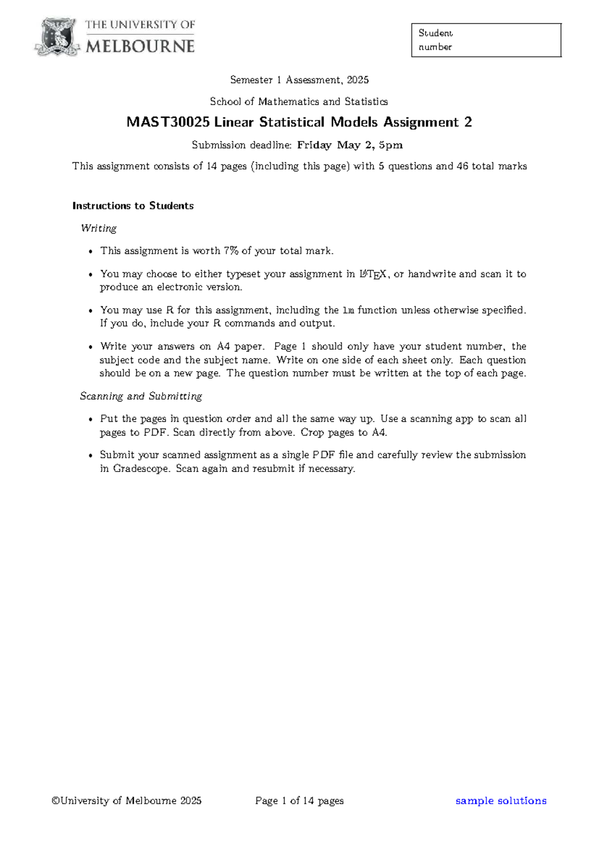 MAST30025 Linear Statistical Models Assignment 2 Solutions - 2025 - Studocu