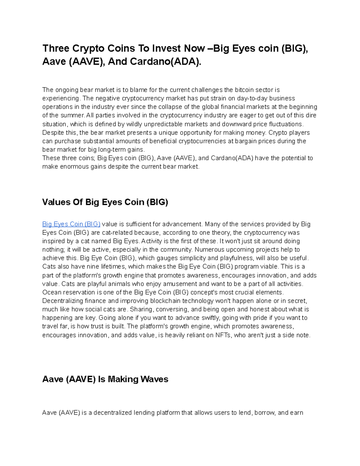 Big Eyes Coin (BIG), Aave (AAVE), and Cardano (ADA) Investment Insights -  Studocu