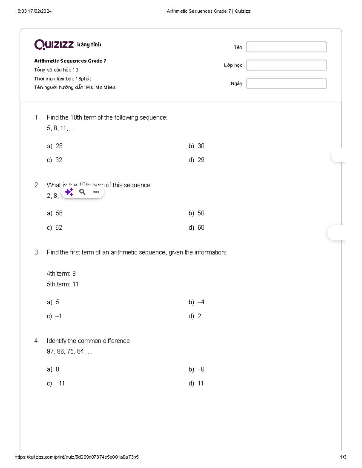 Grade 7 Arithmetic Sequences Quizizz Assessment - Studocu