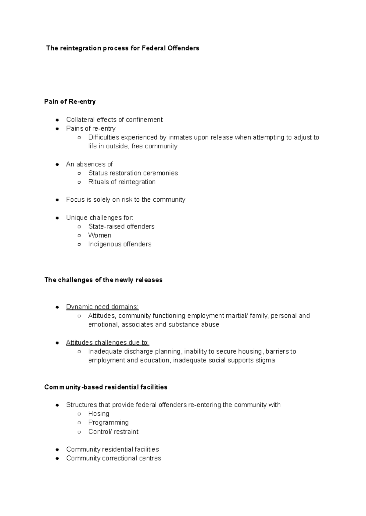 Thoeries Notes - The reintegration process for Federal Offenders Pain ...