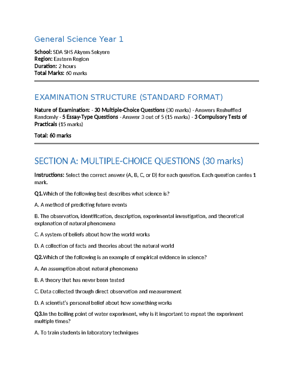 General Science Year 1: Examination Structure & Key Concepts - Studocu