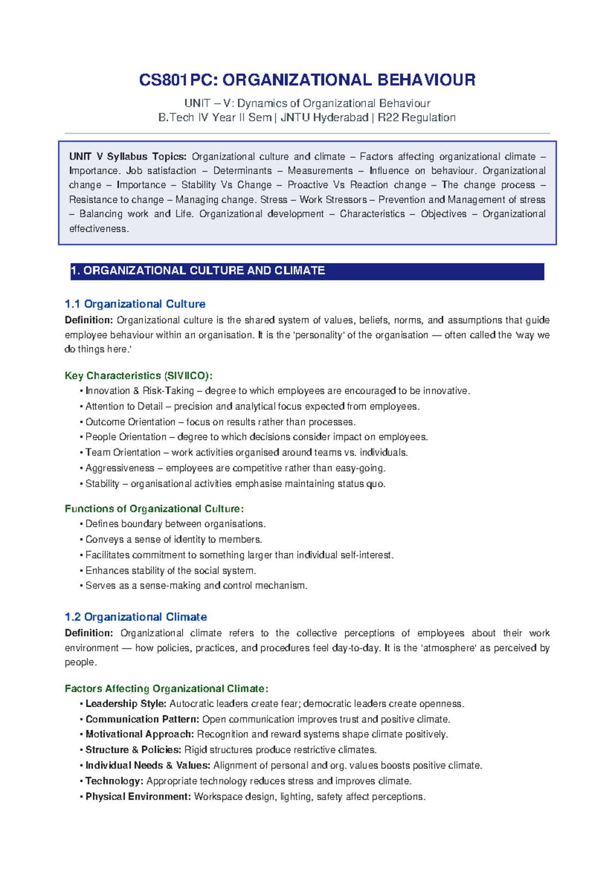 CS801PC: OB Unit V Notes - Dynamics of Organizational Behaviour - Studocu