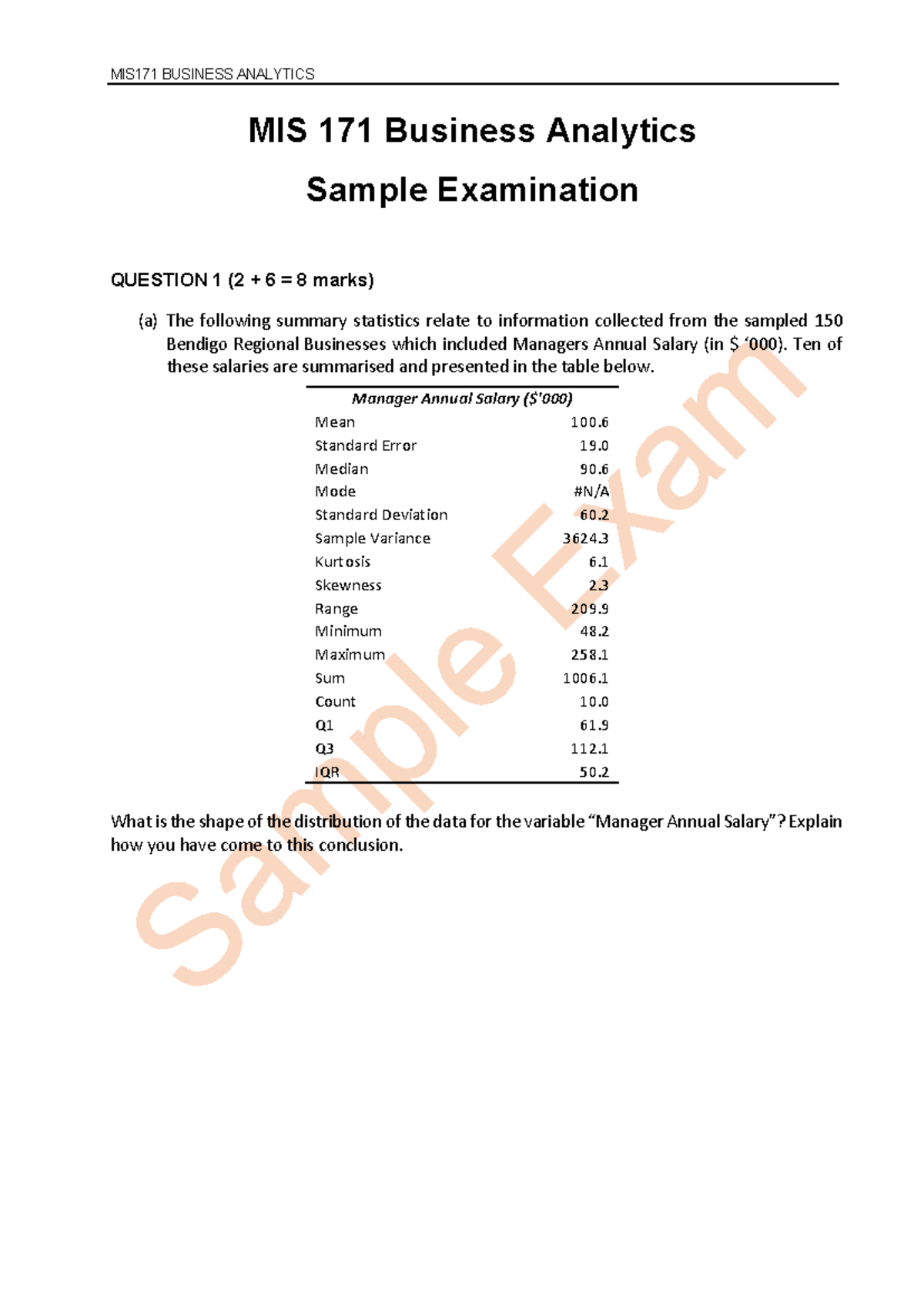 MIS171 Final Exam: Sample Questions in Business Analytics - Studocu