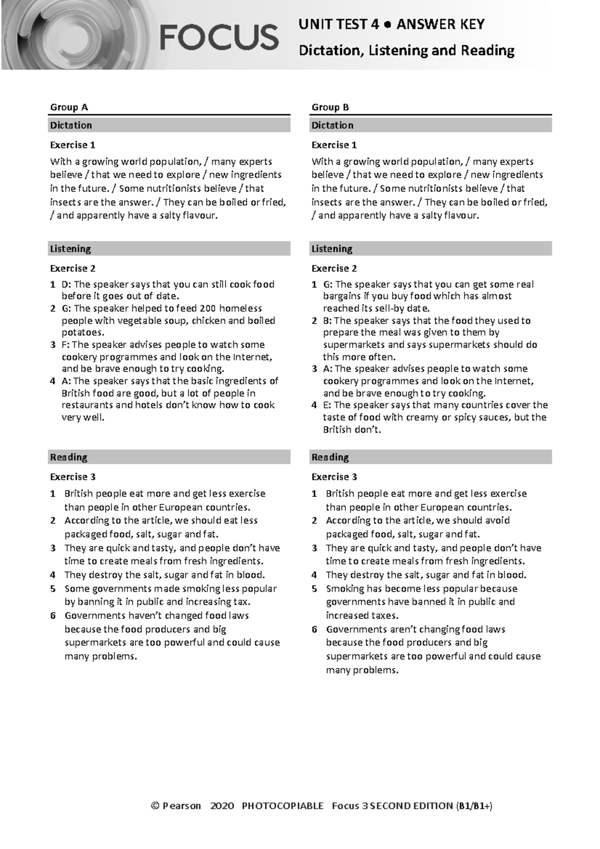 Focus 2 Unit 4 Group A/B Answer Key: Dictation, Listening & Reading ...