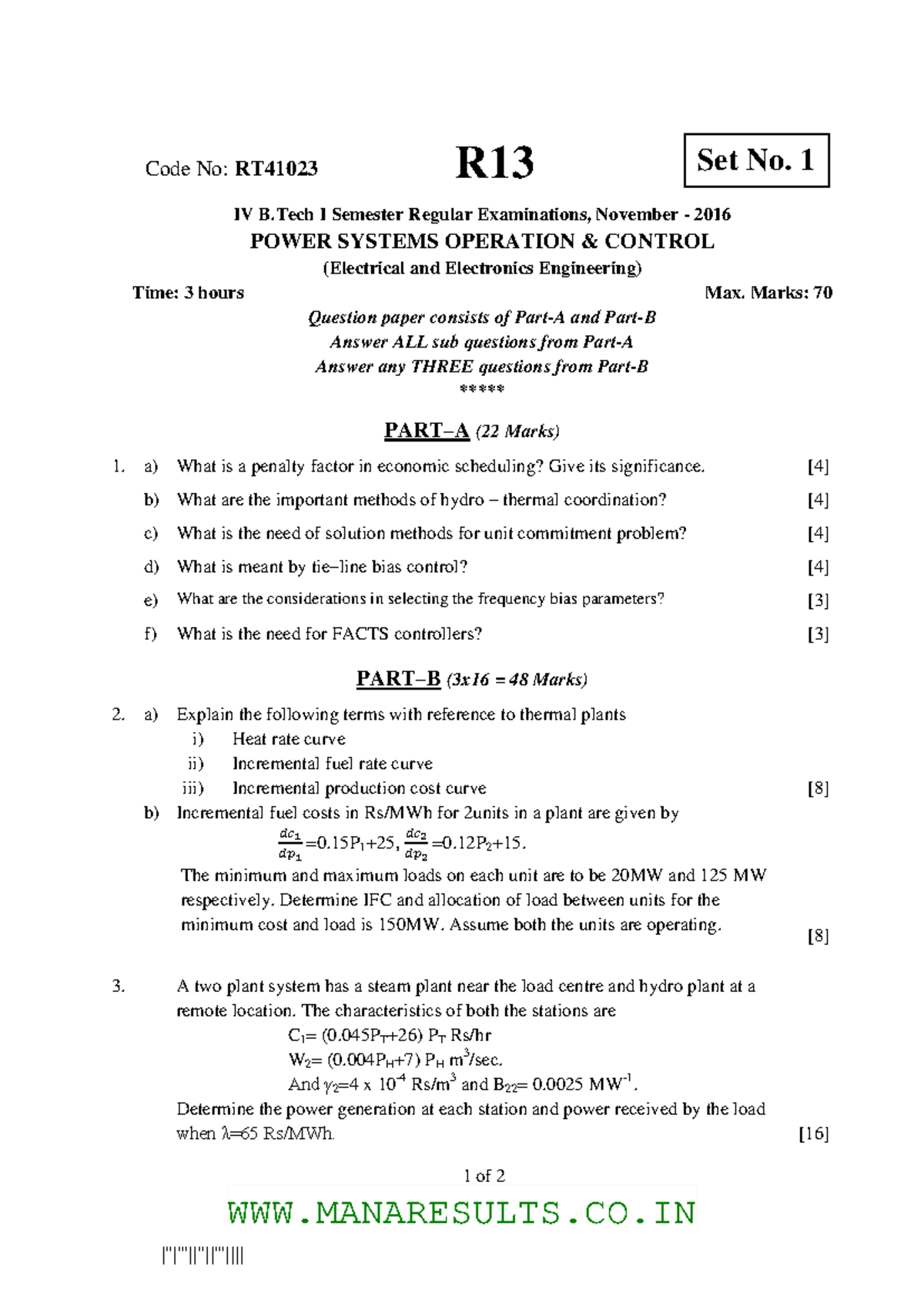 RT41023 IV B.Tech I Sem Nov 2016 Power Systems Operation Control Exam ...