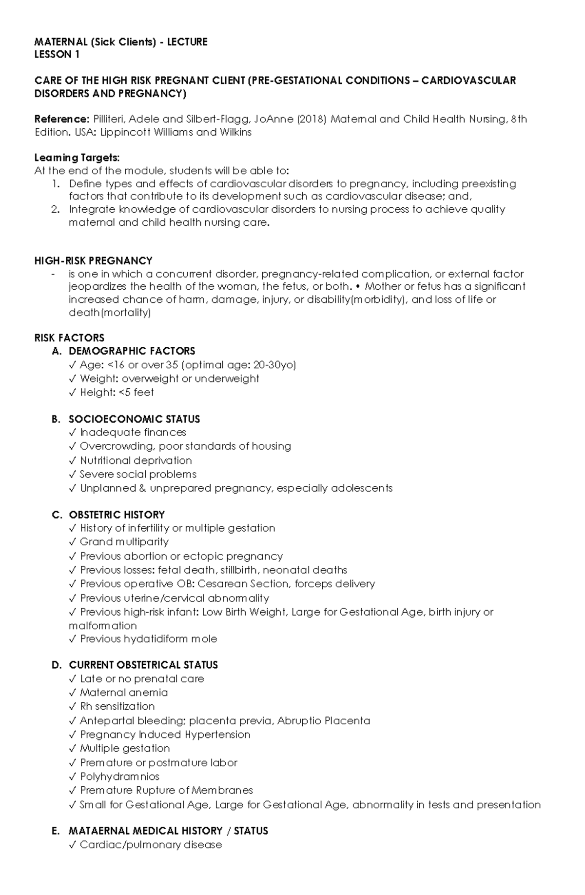 MATERNAL NURSING (Sick Clients) LECTURE 1: HIGH RISK PREGNANCY ...