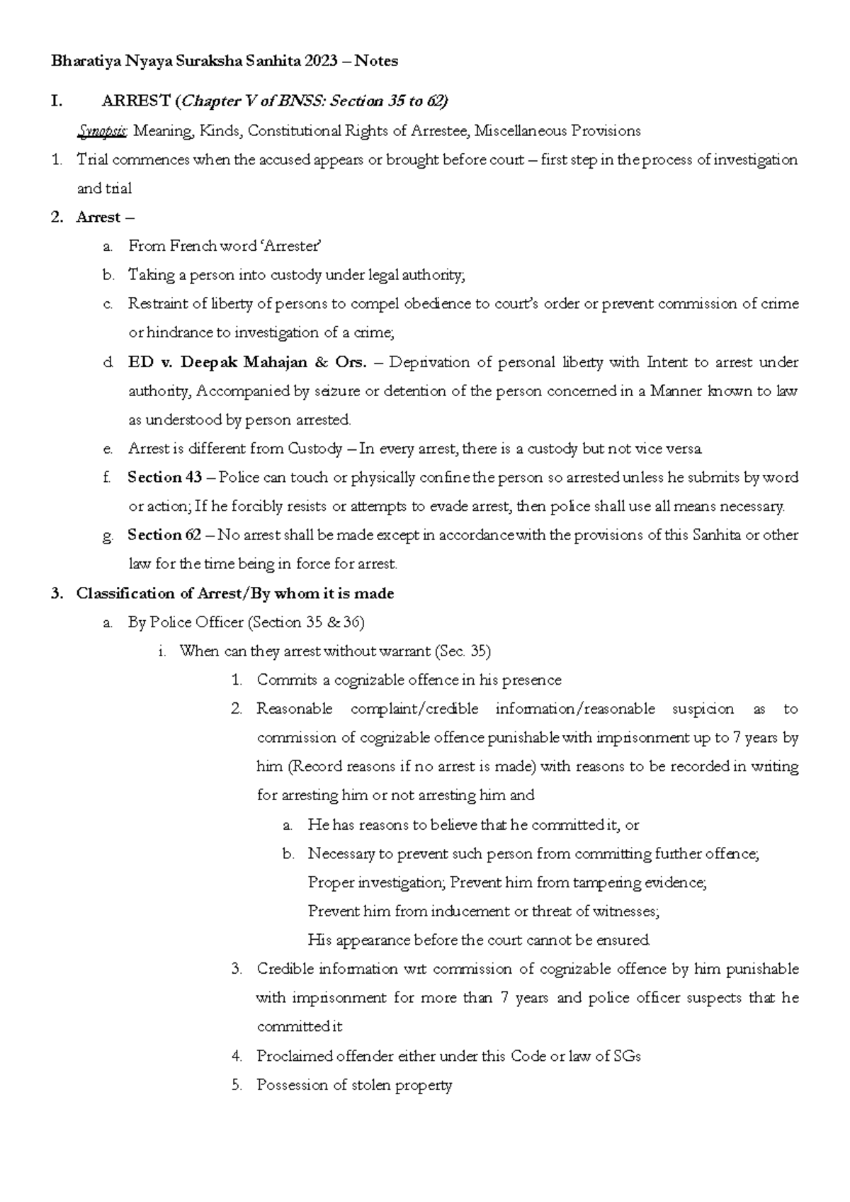 BNSS 2023: Comprehensive Notes on Arrest Laws and Constitutional Rights ...