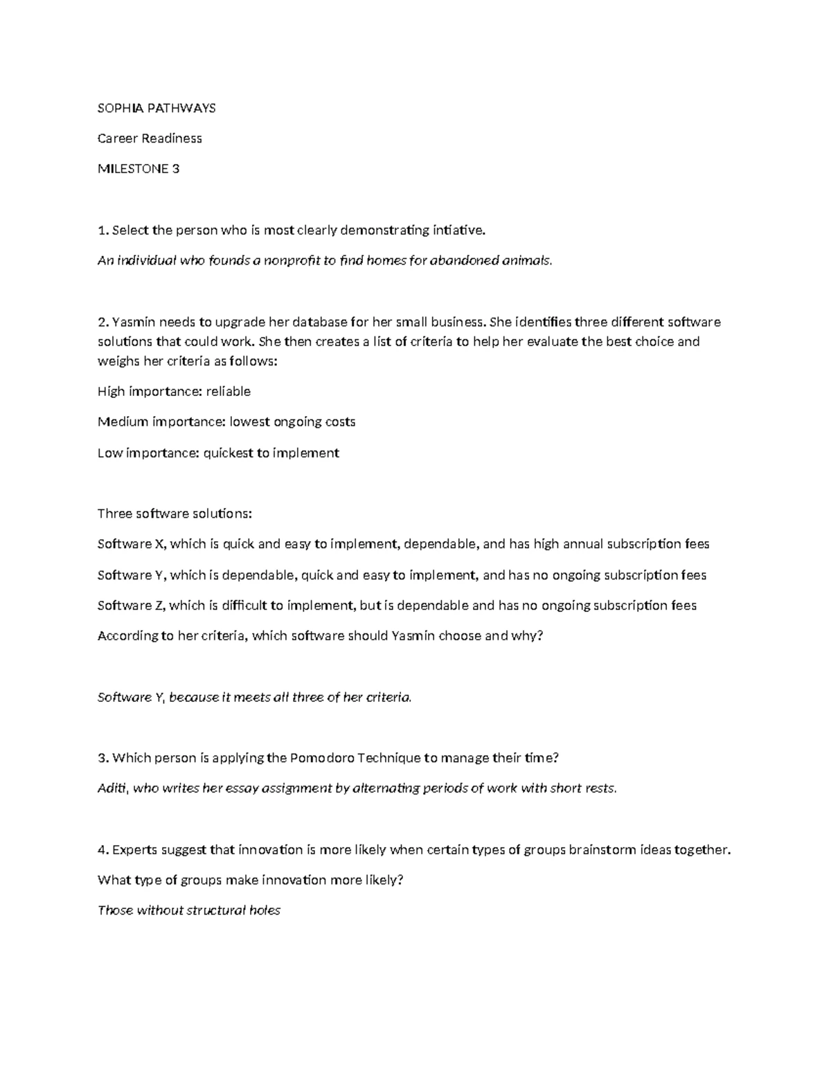 Sophia Career Readiness Unit 3 Q&A - Problem Solving Techniques - Studocu