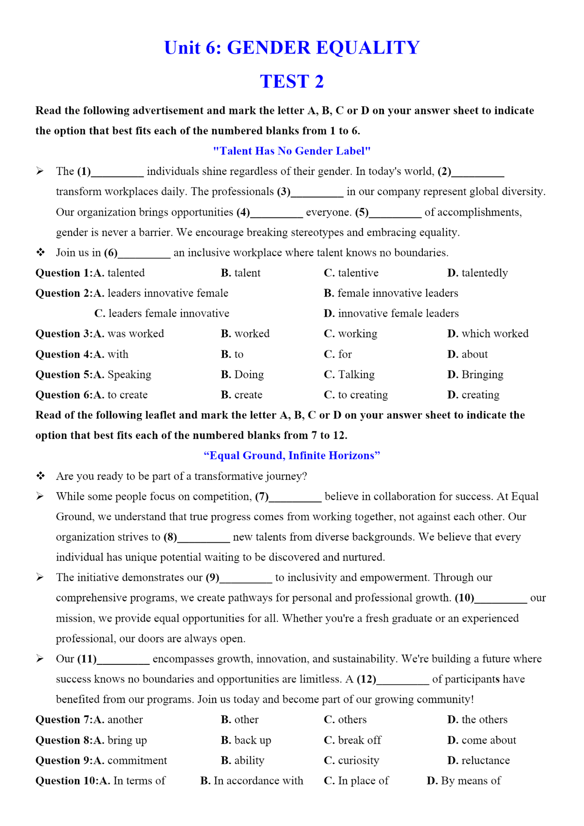 Unit 6: GENDER EQUALITY TEST 2 - Answer Key and Analysis - Studocu
