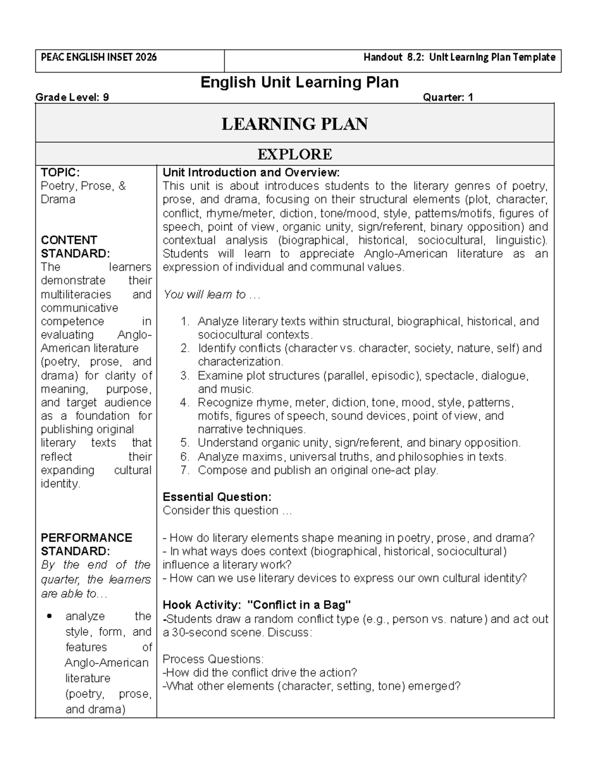 PEAC ENGLISH 9 Unit Learning Plan: Exploring Poetry, Prose, and Drama ...