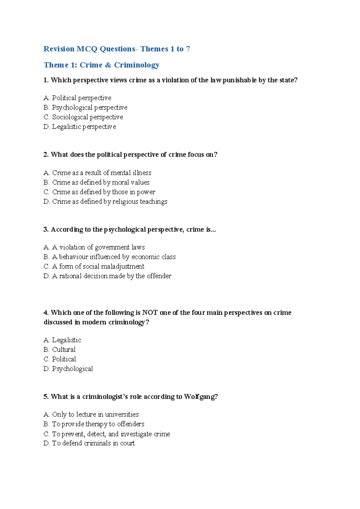 Revision MCQ Questions on Crime & Criminology (Themes 1-7) - Studocu