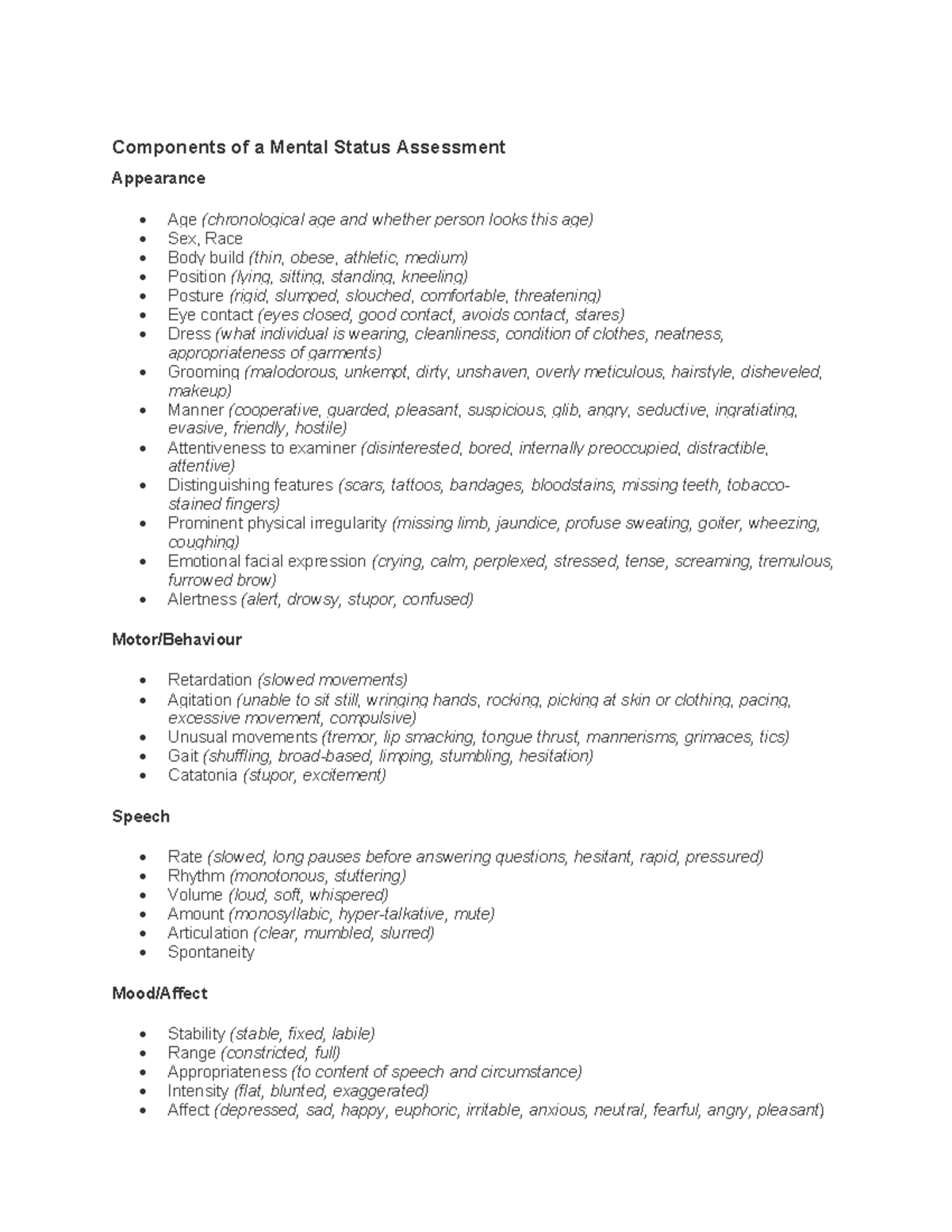 Mental Status Assessment Components: A Comprehensive Overview - Studocu